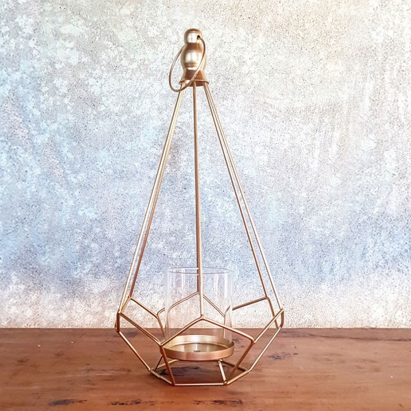 Gold Geometric Lantern with Glass Dome